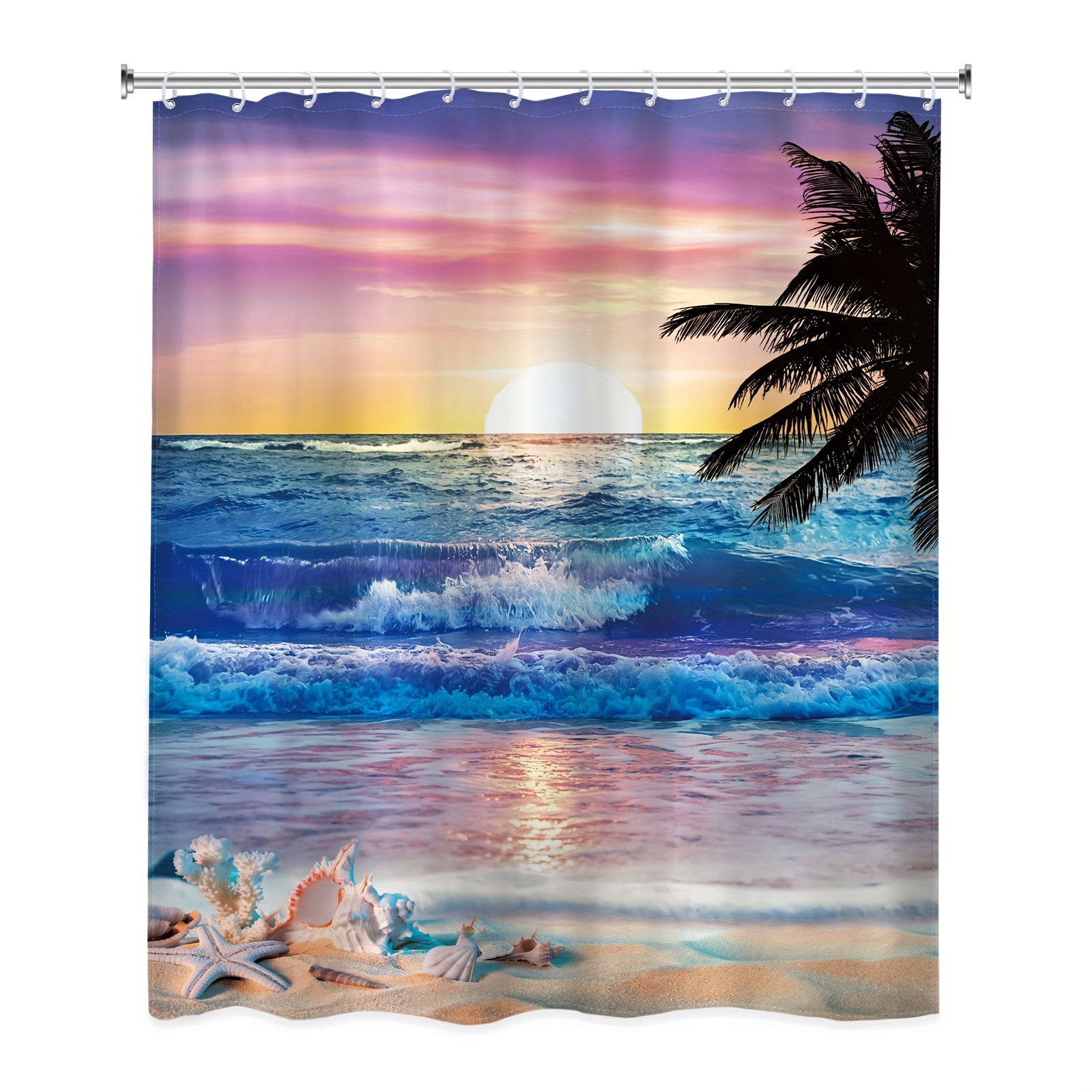 Ocean Sunrise Shower Curtain Beach Tropical Palm Tree - Temu