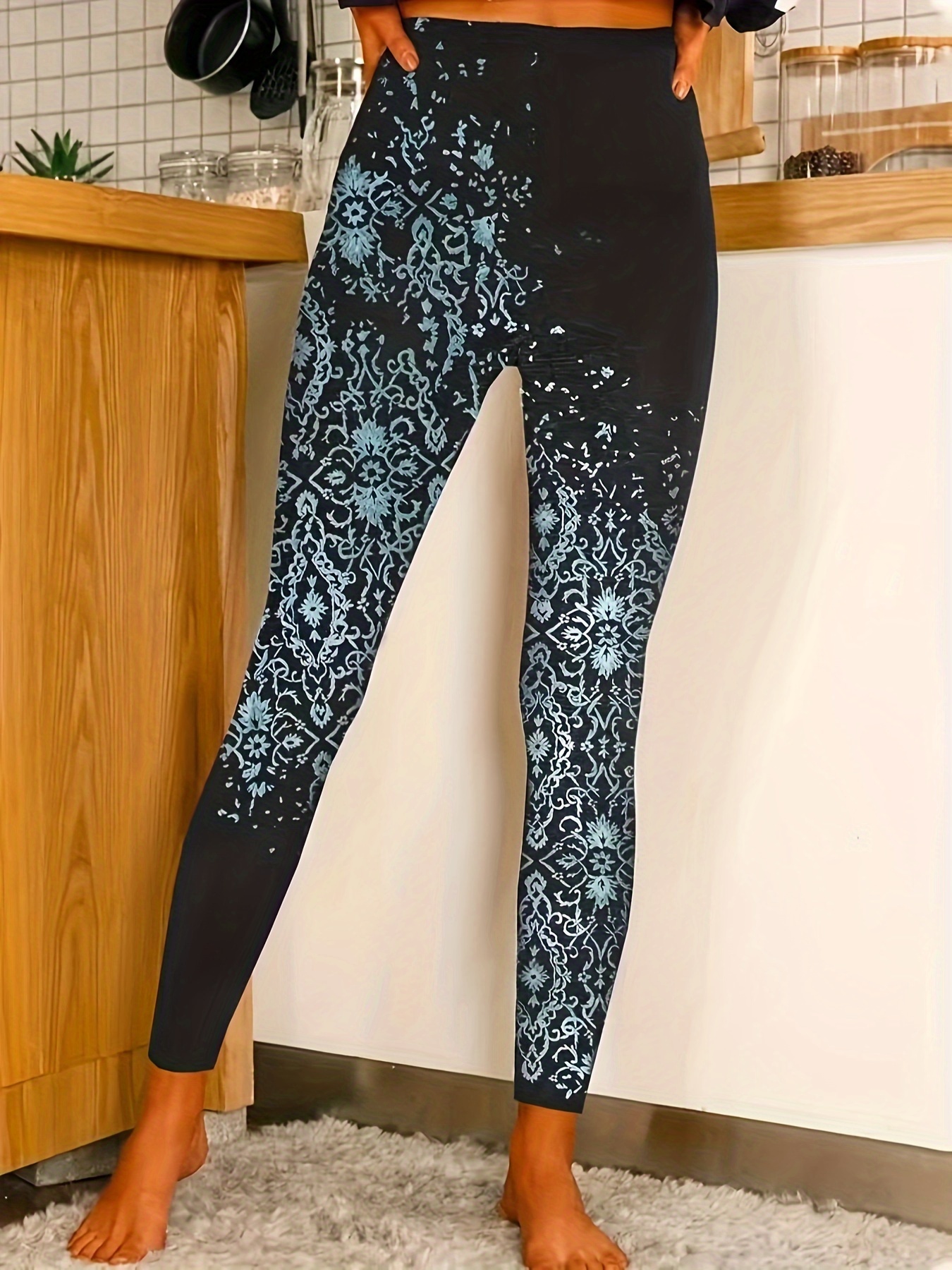 Boho Floral Print High Waist Leggings Bodycon Wide Leg - Temu