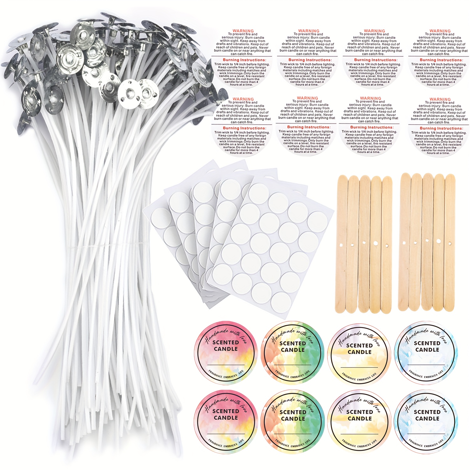 Candle Wicks 100 Pcs 6 inch with 30Pcs Candle Wick Stickers and 10