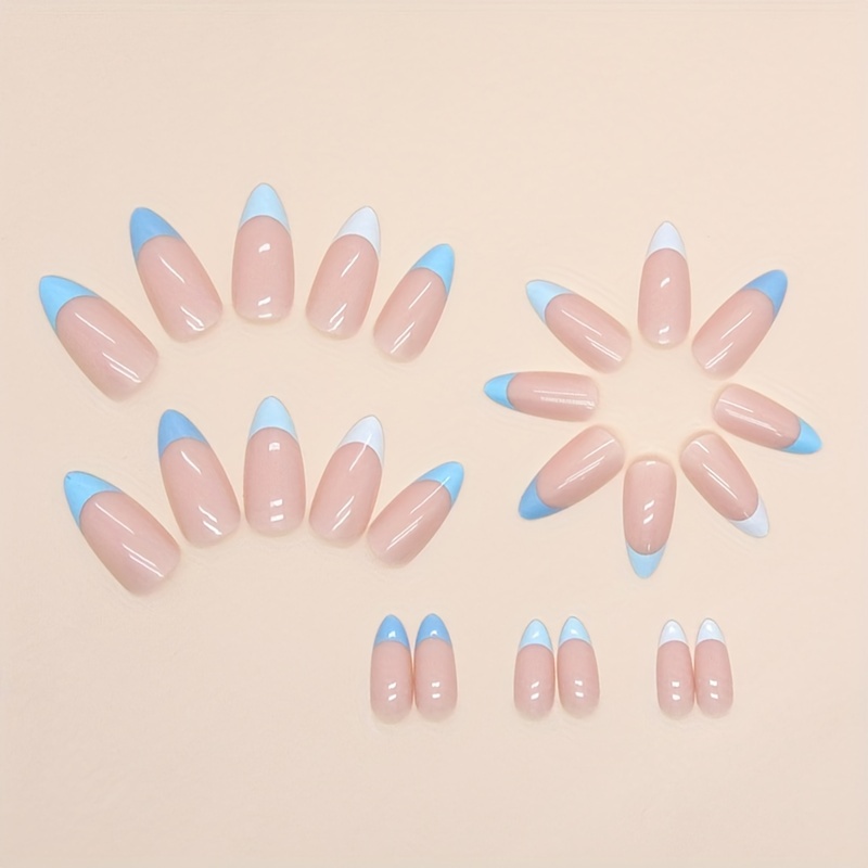 24pcs medium long almond shaped fake nails simple blue french style wearable false nail set 1sheet jelly glue and 1pc nail file included details 2