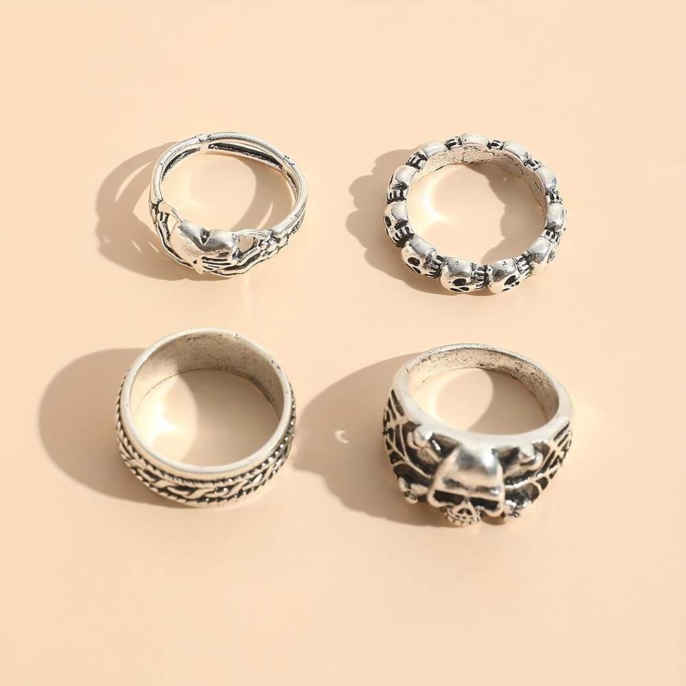 Hip Hop Style Skull Finger Ring Set, 4 Pcs