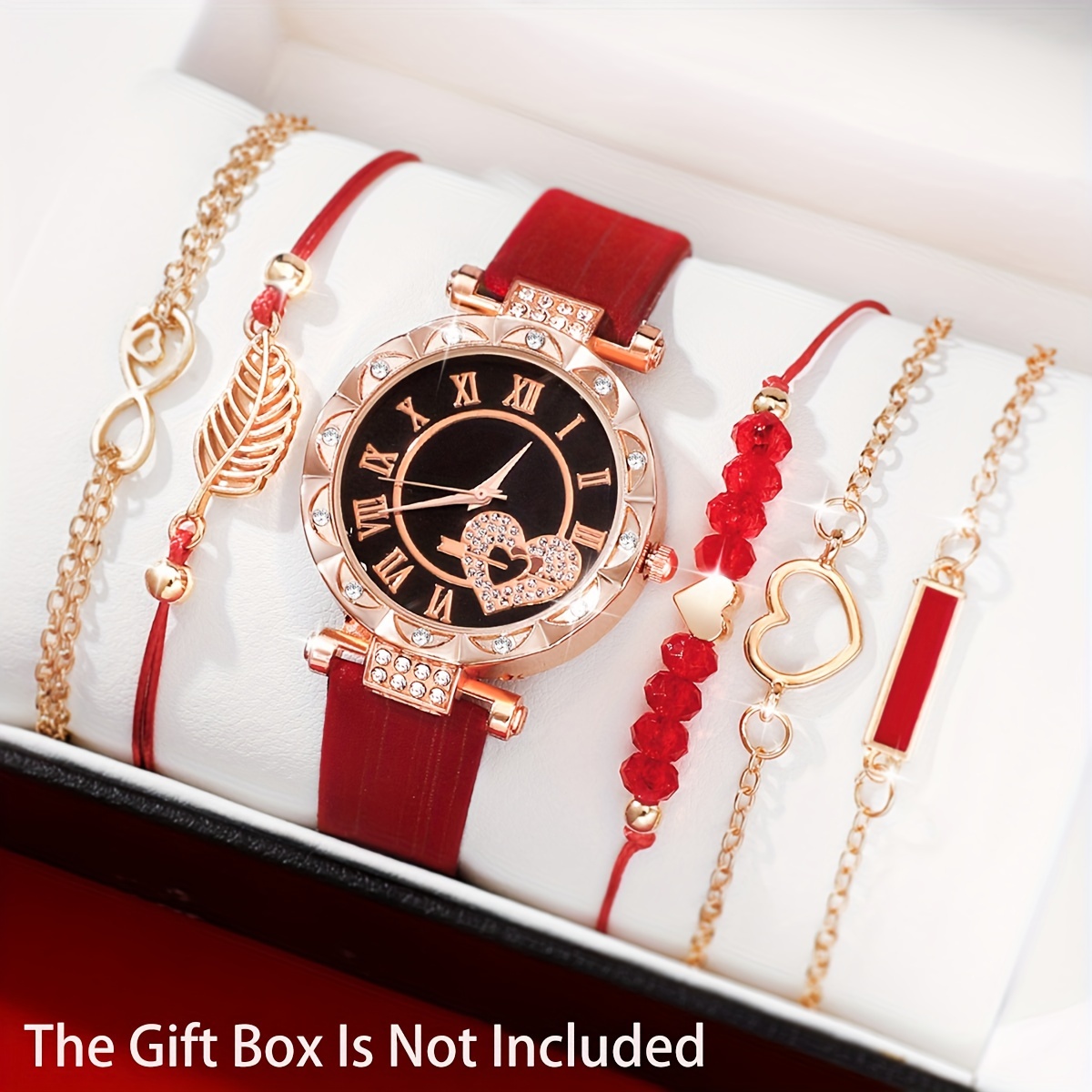 

6pcs/set Women's Elegant Rhinestone Heart Quartz Watch Analog Pu Leather Wrist Watch & Bracelets, Valentines Gift For Her