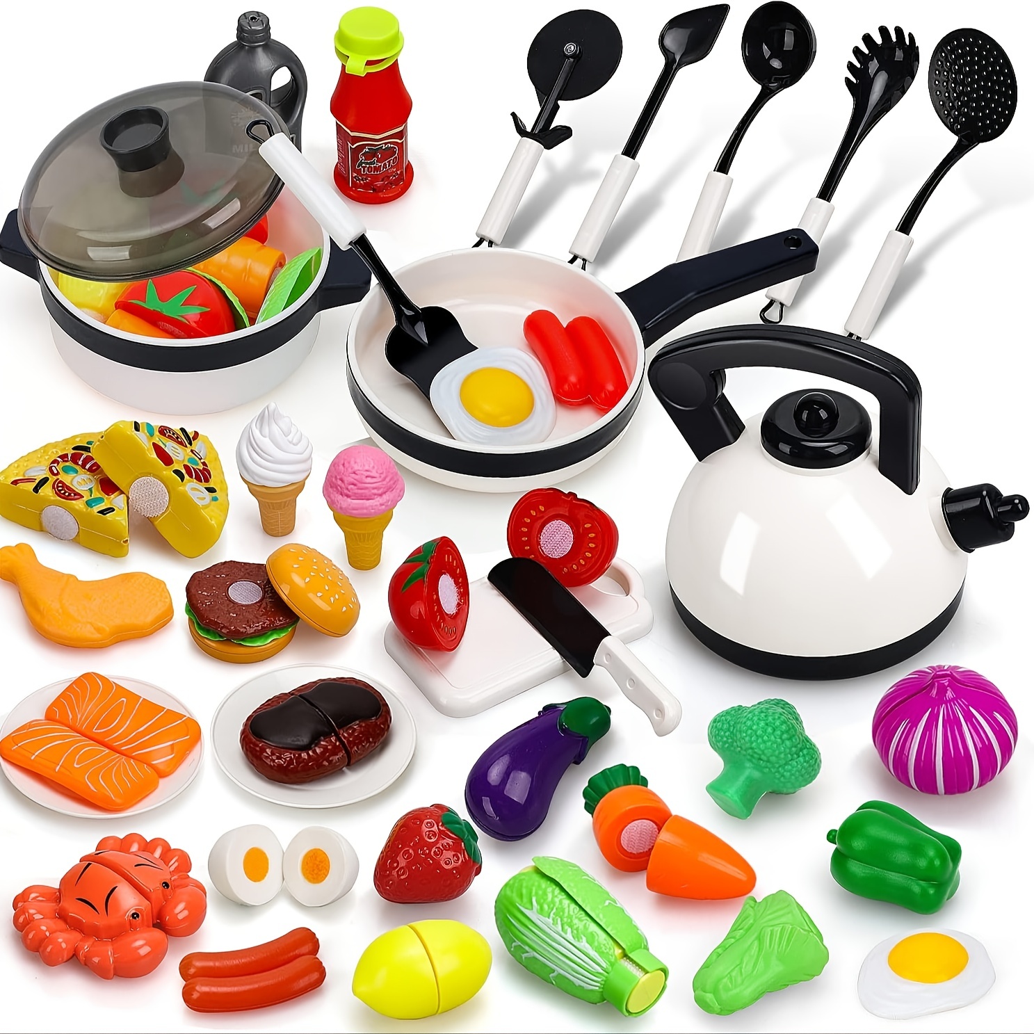 Accessoire Cuisine Enfant Jouet Ustensile 73pcs Kits de Cuisine à Jouer  avec Casseroles et Poêles Aliment