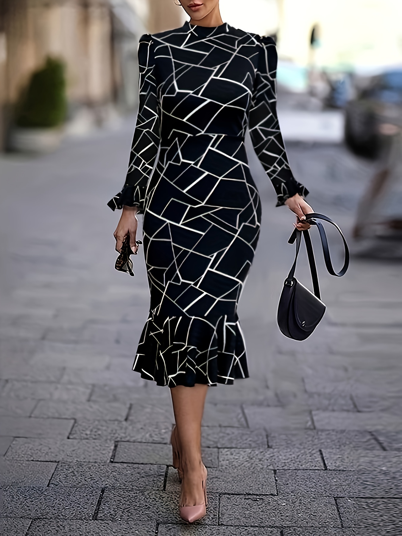 Elegant Houndstooth Round Neck A Line Long Sleeve Black and White Plus Size  Dresses (Women's)