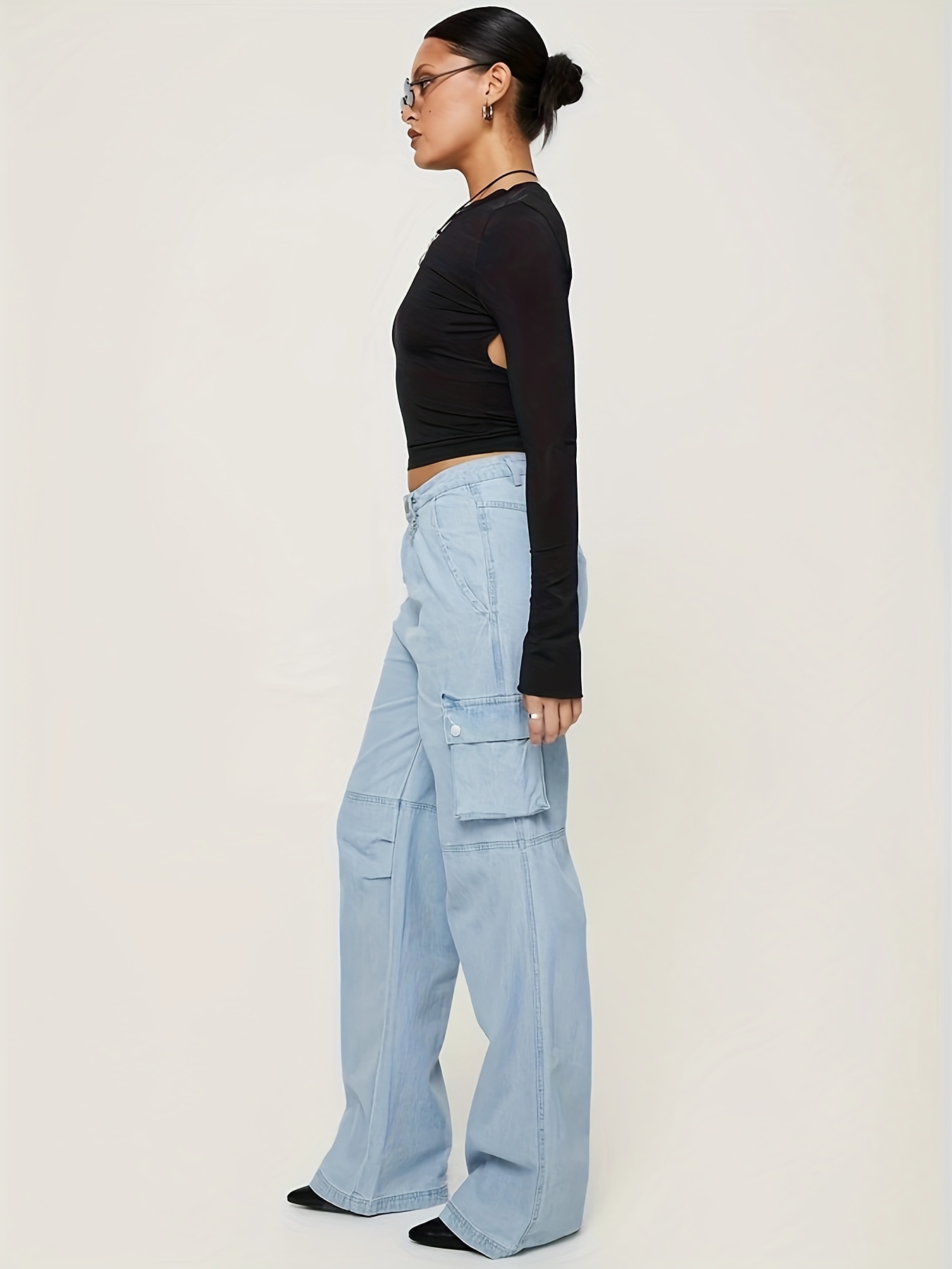 Loose Fit Casual Straight Jeans, Flap Pockets Y2K & Kpop Style Cargo Pants,  Women's Denim Jeans & Clothing