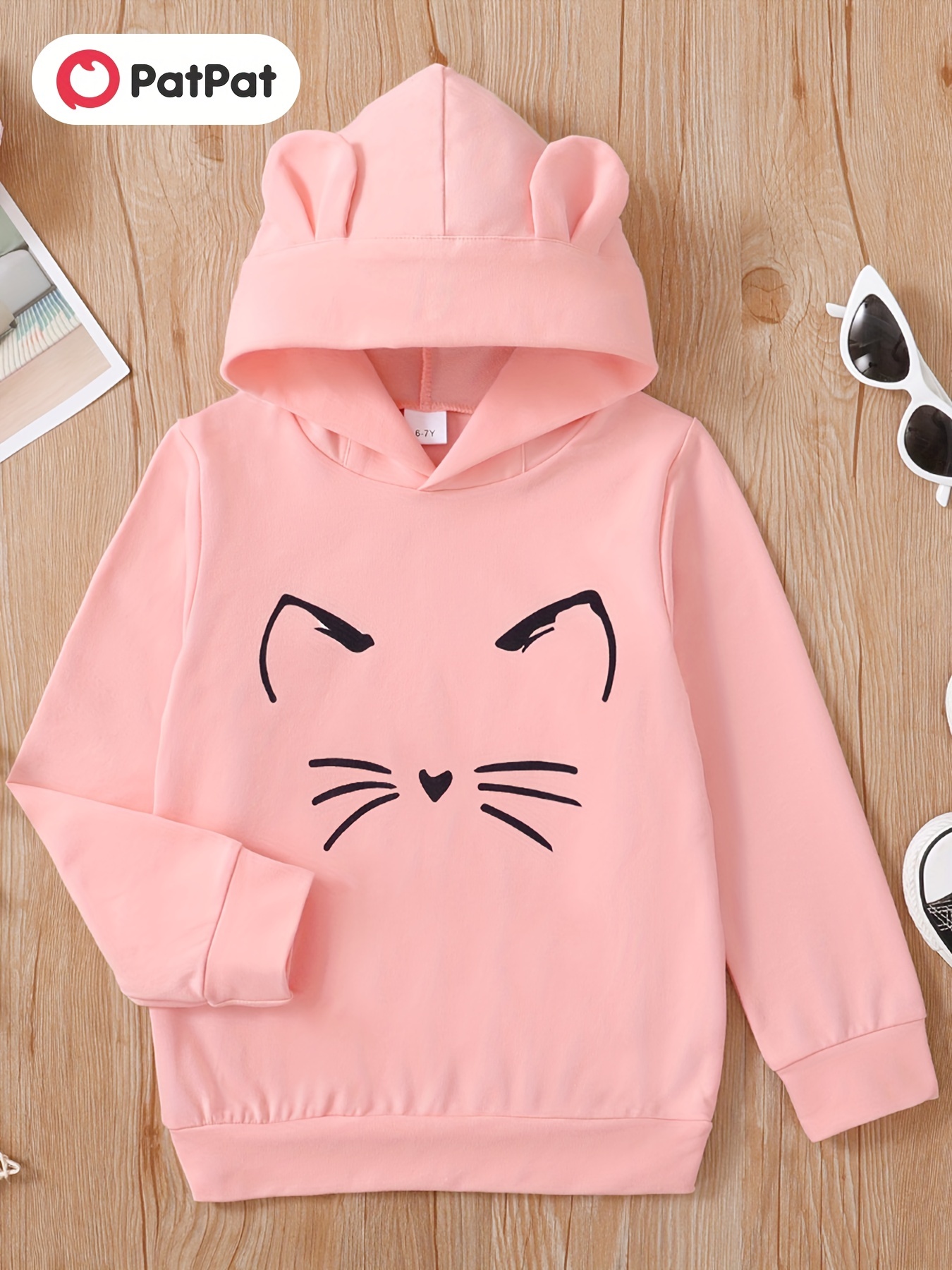 Kid Girl Cat Face Print Ear Design Solid Hoodie - Temu Canada