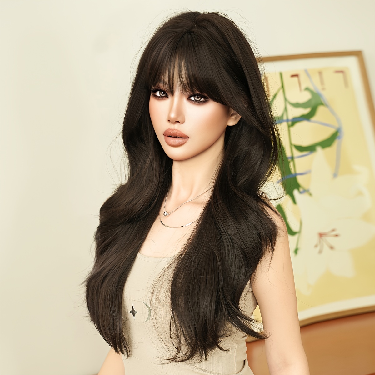 

Synthetic Long Body Wavy Dark Brown Wig With Bangs Natural Looking Fashion Loose Curly Hair Wigs High Density Tea Wig Beginner Friendly