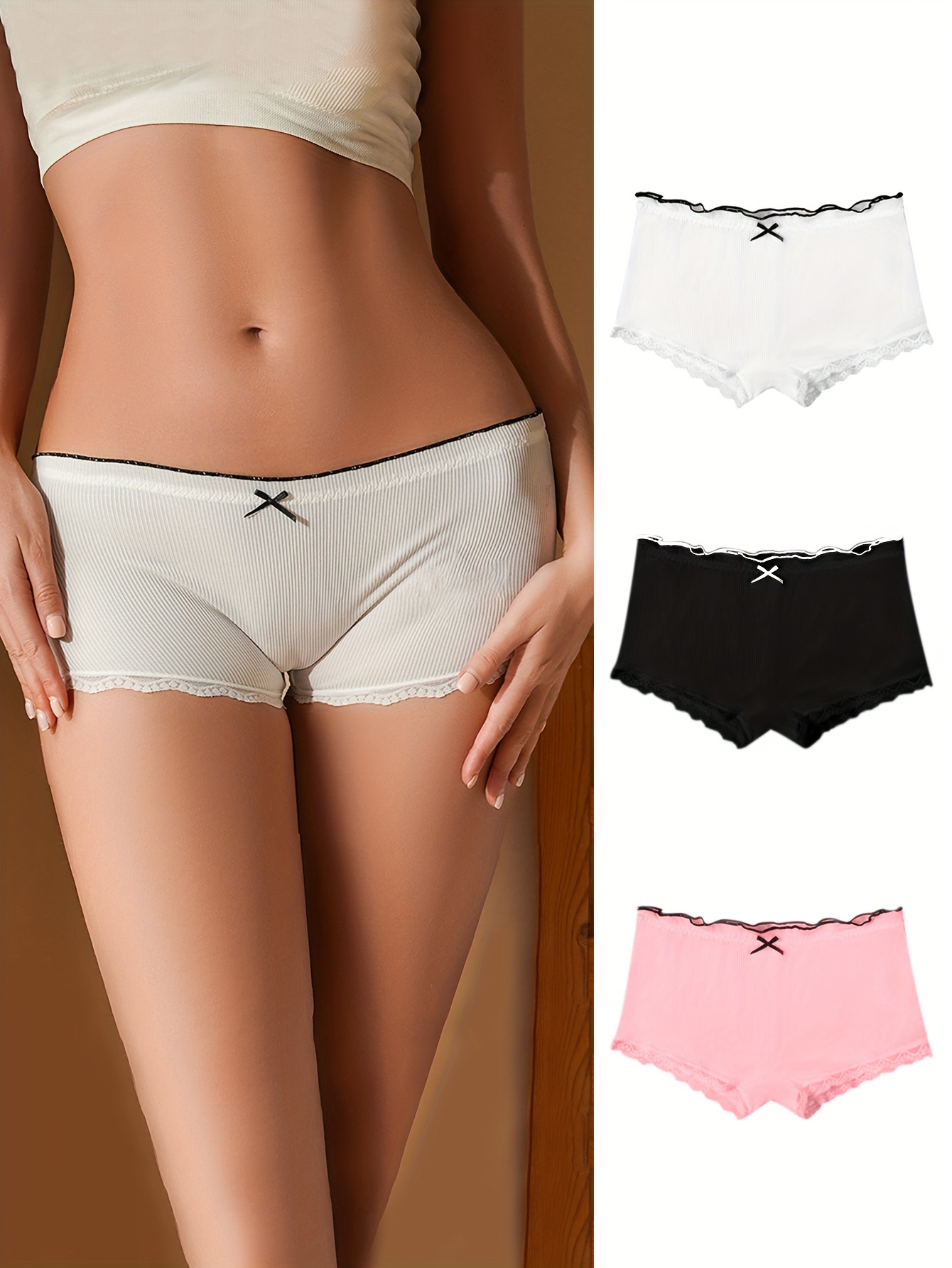 3pcs Lace Trim Boyshort Panties, Soft & Comfortable Bow Tie Panties,  Women's Lingerie & Underwear