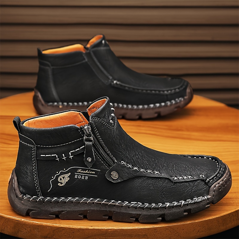 *'s Hand-Stitched *-Top Boots Stylish, Durable, Non-Slip, Warm Fleece  Lined Casual Shoes with Zipper Closure, Black Upper Rubber Sole for All