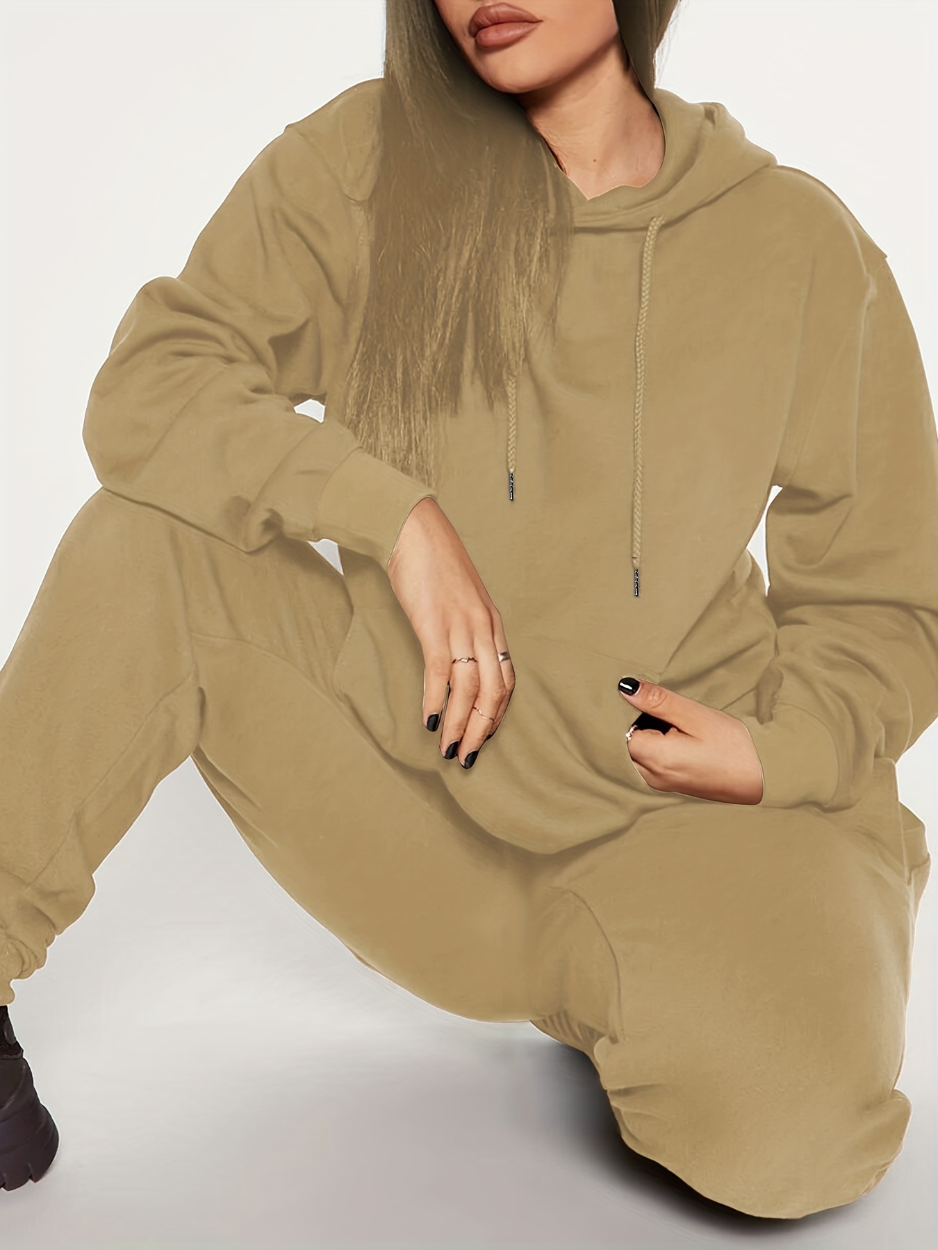 Casual Solid Two piece Set Kangaroo Pocket Hoodie Drawstring - Temu