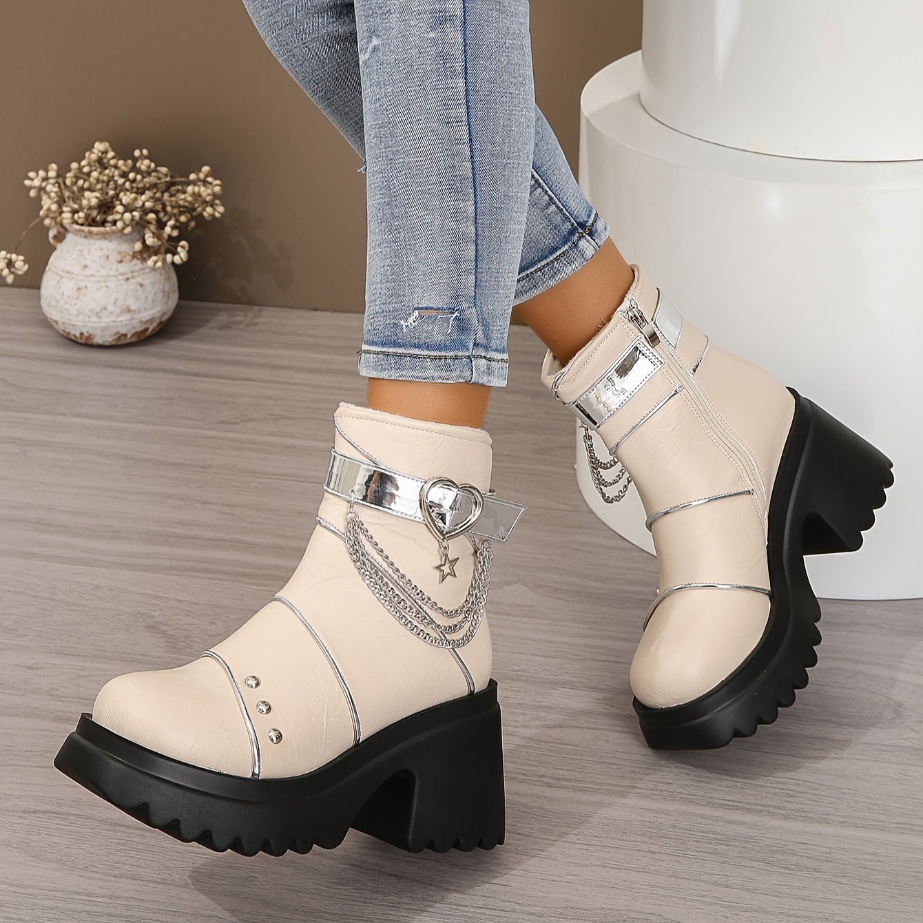 Women's Studded Buckle Decor Lace Ankle Boots Punk Style - Temu