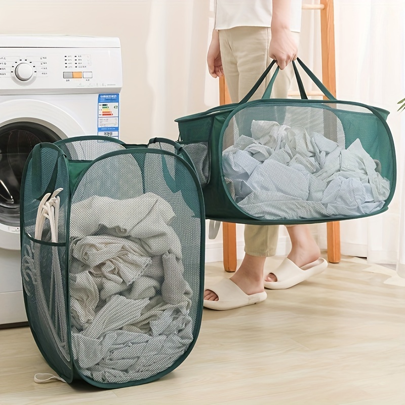 

1pc Large Foldable Laundry Basket, Collapsible Mesh Hamper, Portable Clothes Storage Basket For Bathroom, Bedroom Organization, Durable Handles, Home Essentials