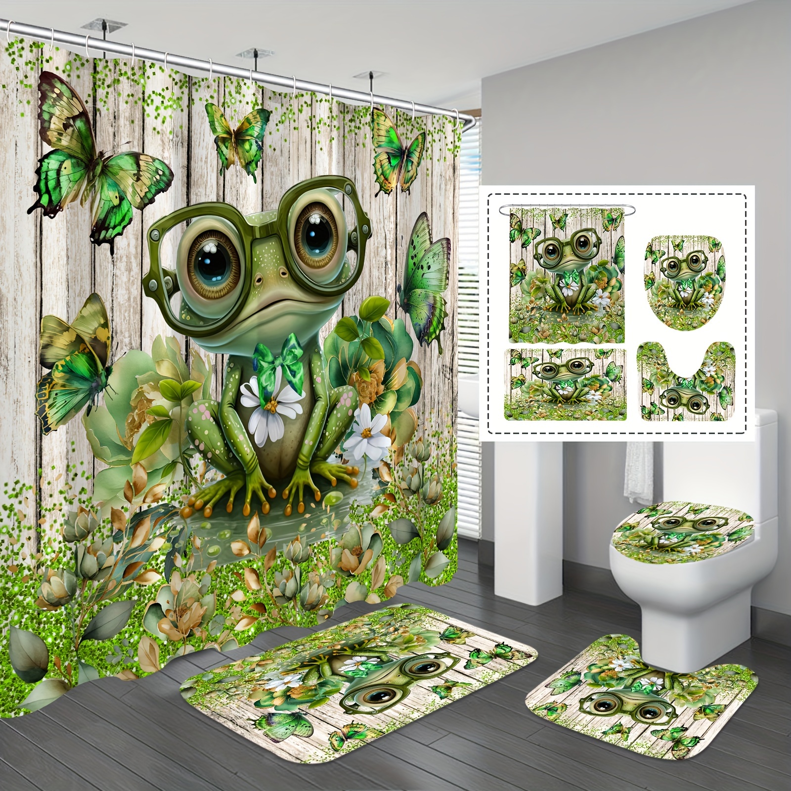1/4pcs Green Frog Butterfly Shower Curtain Set, Flower Waterproof Polyester  Fabric Shower Curtains For Bathroom, Bathroom Rug, Toilet U-Shape Mat, Toi