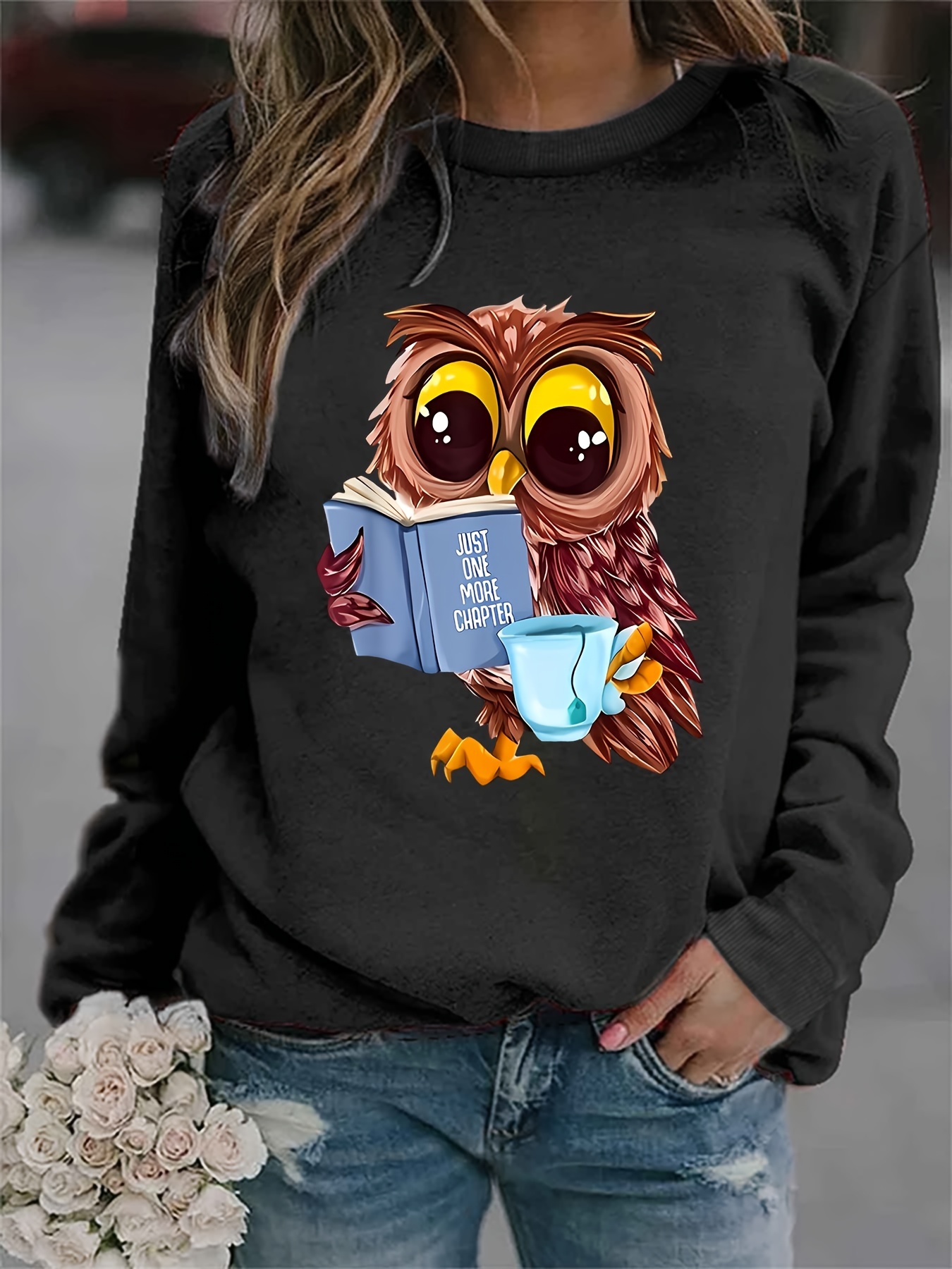 Cartoon Owl Print Sweatshirt, Casual Long Sleeve Crew Neck