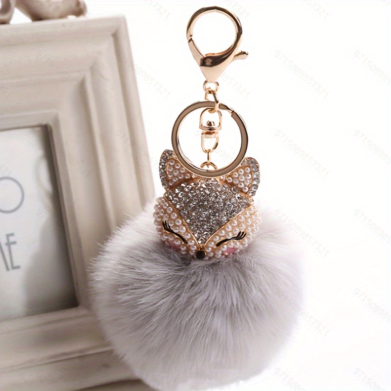 Real Fashion Rabbit Fur Round Pearl Key Chain Girls Car Key Ring