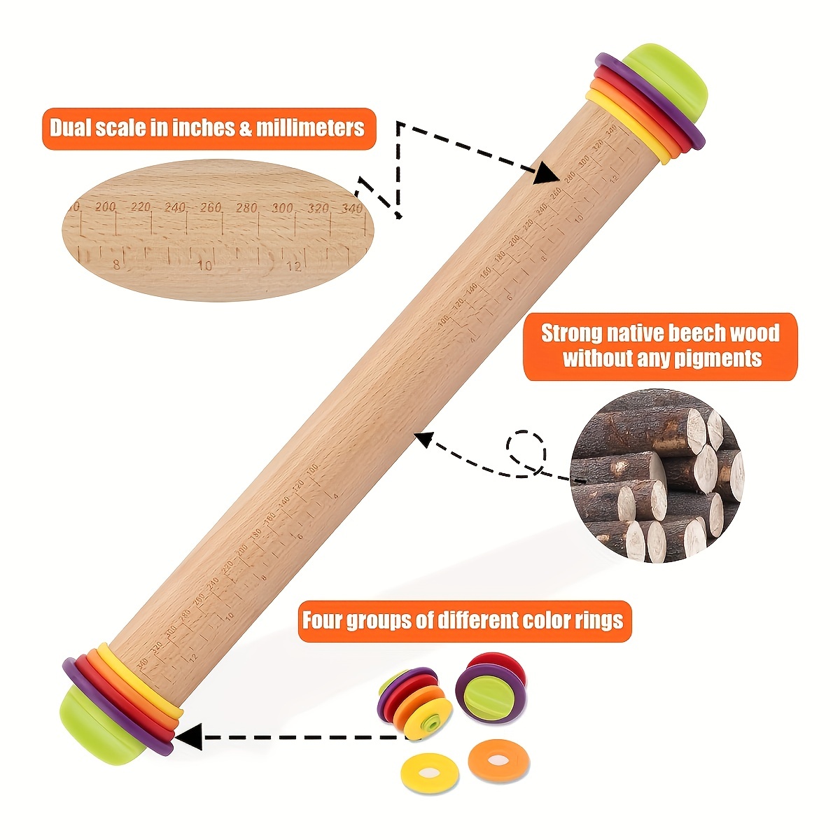 Wood Rolling Pin With 4 Adjustable Thickness Rings Non stick - Temu