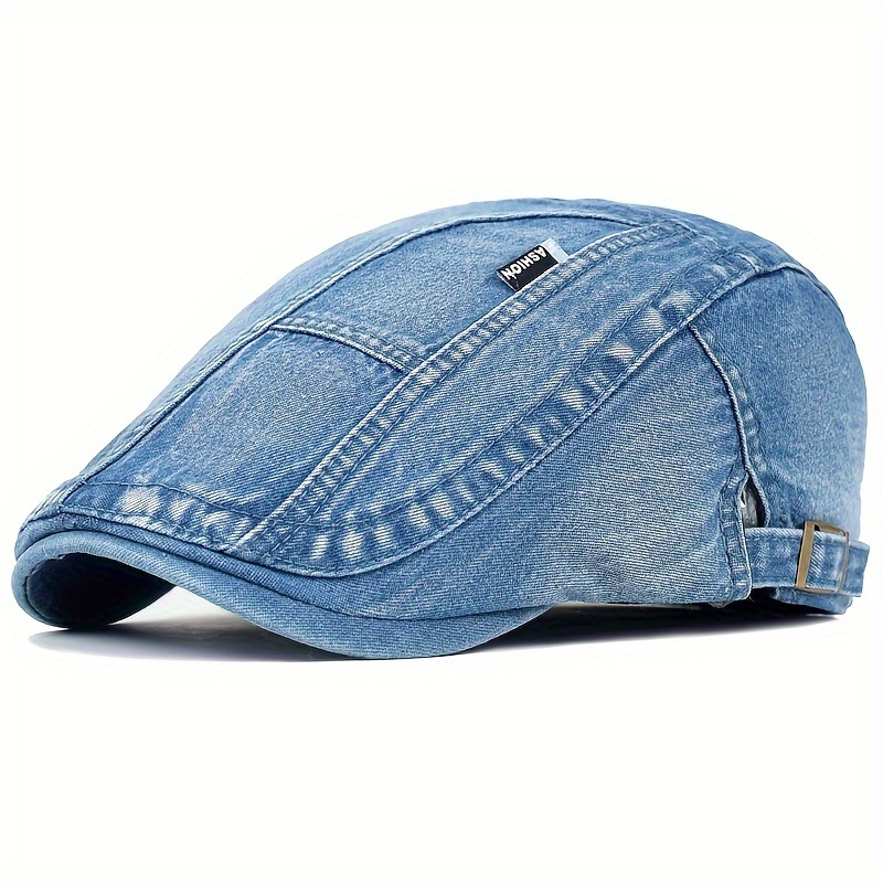 Image of Washed Denim Newsboy Cap, Distressed Peaked Cap, Adjustable Cotton Beret, Vintage Ivy Flat Cap, 4 Seasons