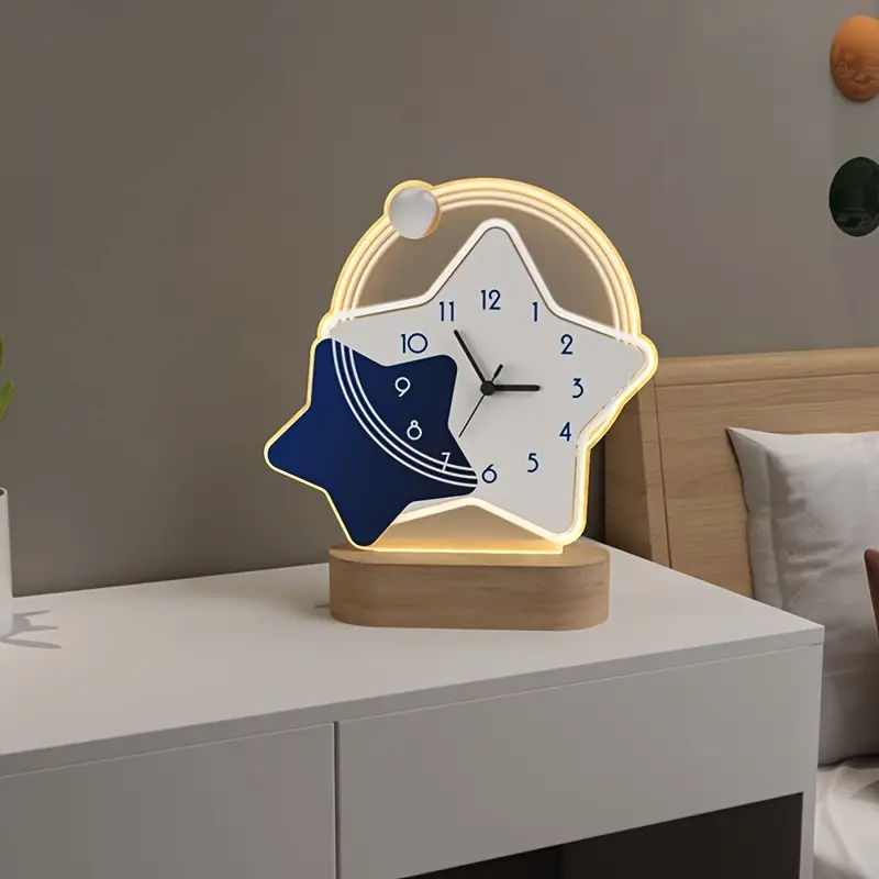 1pc Star Planet Clock Mute Desk Clock With Night Light Light Up Desk Clock Home Decoration Living Room Desktop Ornaments