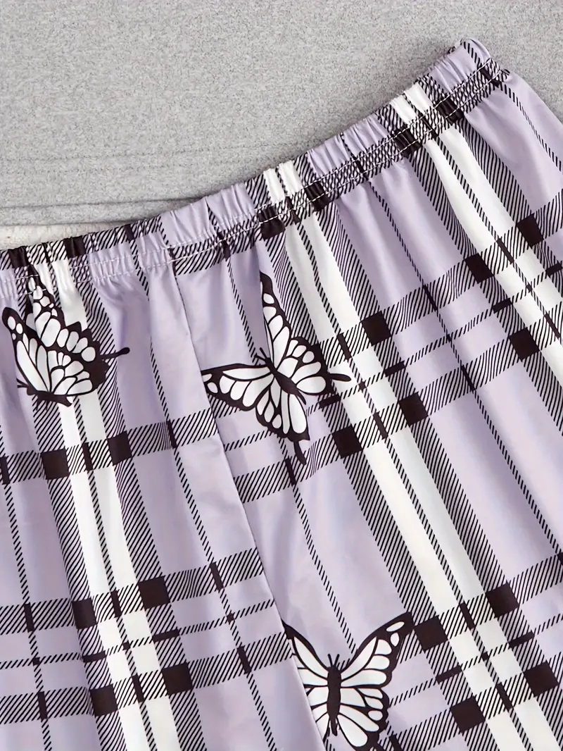 Butterfly Print Pajamas Set, Short Sleeve Crew Neck Top & Shorts & Pants, Women's Sleepwear & Loungewear