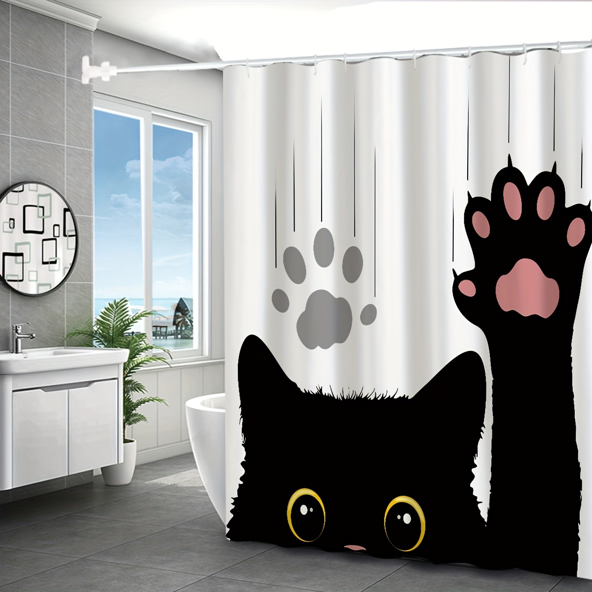 1pc Cortina Ducha Linda Gato Baño Ganchos Cortina Decorativa - Temu