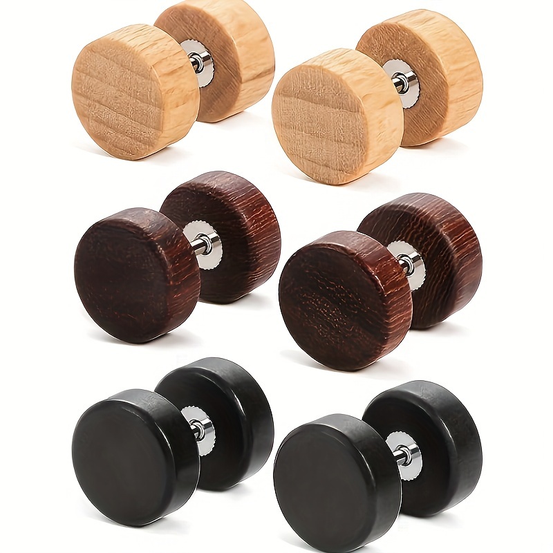 

3 Pairs Wooden Imitation Gauge Plug Stud Earrings For Men, Round Dumbbell Couple Stud Earrings