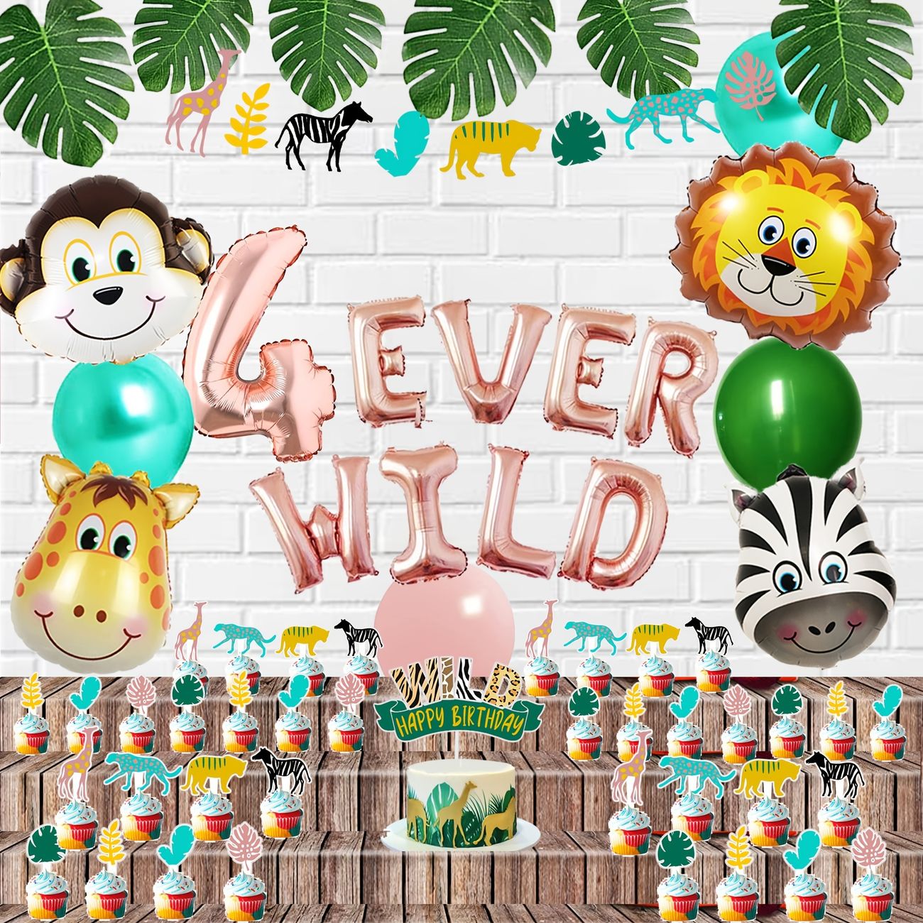 9pcs Four Ever Wild Safari Animal Birthday Decorations Supplies Rose Golden  4 Ever Wild Balloons Banner