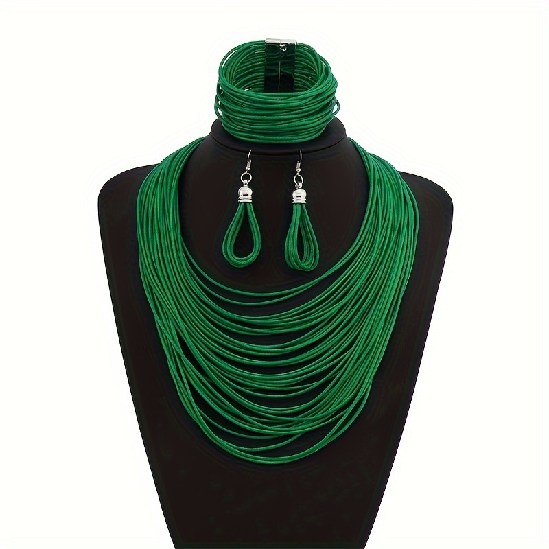 TEMU Fashion Vintage Waxed Thread Braided Necklace For Women, Holiday Party Accessory, Short Necklace, Earrings, And Bracelet 3pcs Set