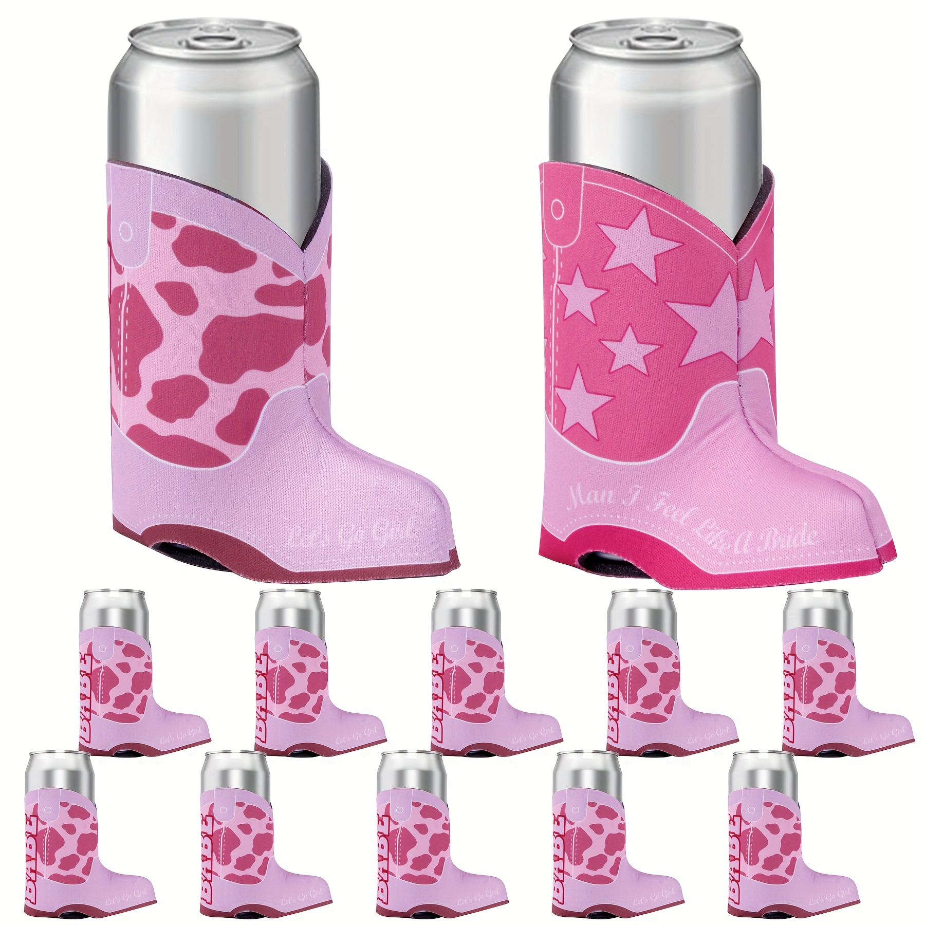 12pcs/Set, Hot Pink Western Cowgirl Boots Bachelorette Party Can Sleeves,  Slim Bride Vibes Can Cooler, Cowgirl Boots Beverage Insulated Drink Sleeve H