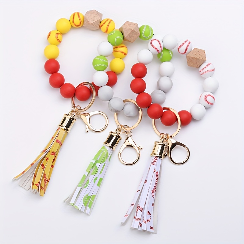 Silicone Beads Sunflower printing Wristlet Keychain Bracelet Keys Ring for  Women with Holder Leather Tassel for Keychains Gift