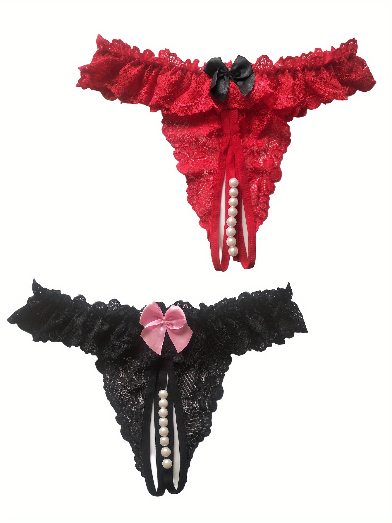Stylish Pearl Open Crotch Lace Cheeky Panties For Women No Need To