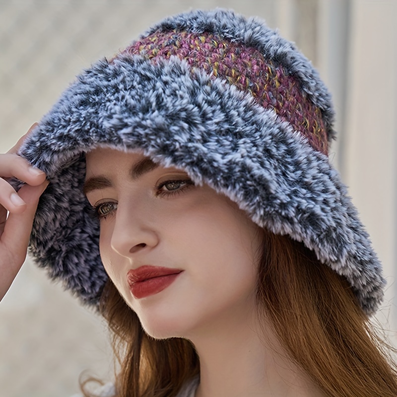 ヴィンテージ毛皮のかぎ針編みバケットハットカラーブロック厚い