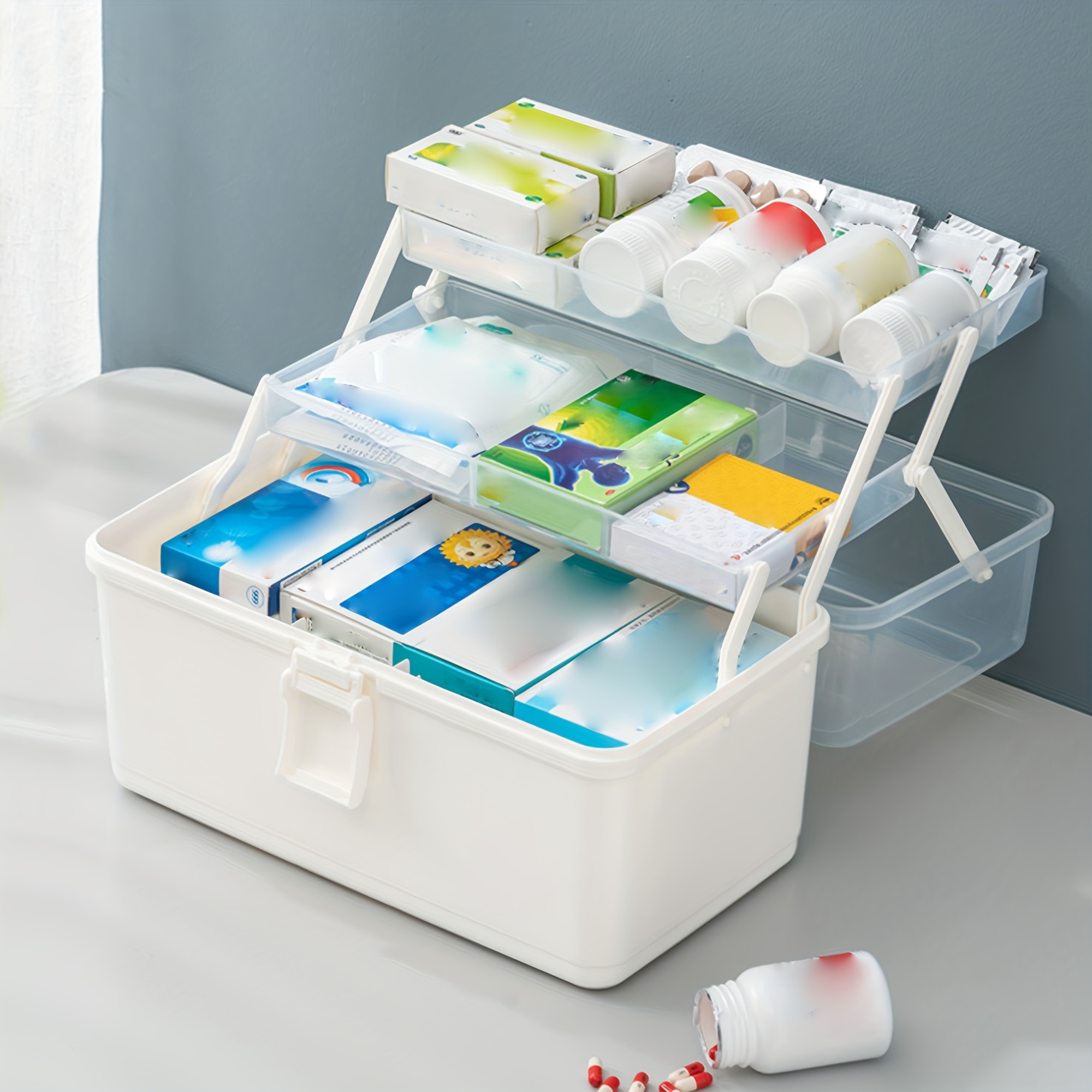 Mairuker Plastic Medical Storage Containers 3-Tier Fold Tray Medicine Box  with Removable Pill Case Family First Aid Box with Handled for Medicine