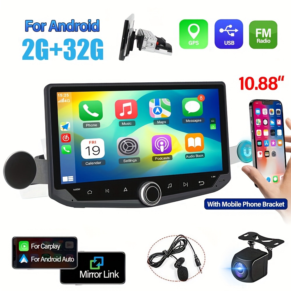 10.88 1Din Car Stereo 2+32G For Carplay& Android Auto For Android System  Car Radio Audio With GPS WiFi USB Mirror Link FM/AM/RDS With AHD Camera