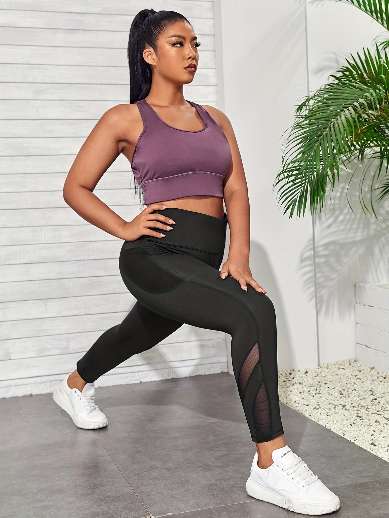 Plus Size Sports Leggings, Women's Plus Solid Contrast Mesh Tummy Control  High Rise High Stretch Yoga Leggings With Pockets