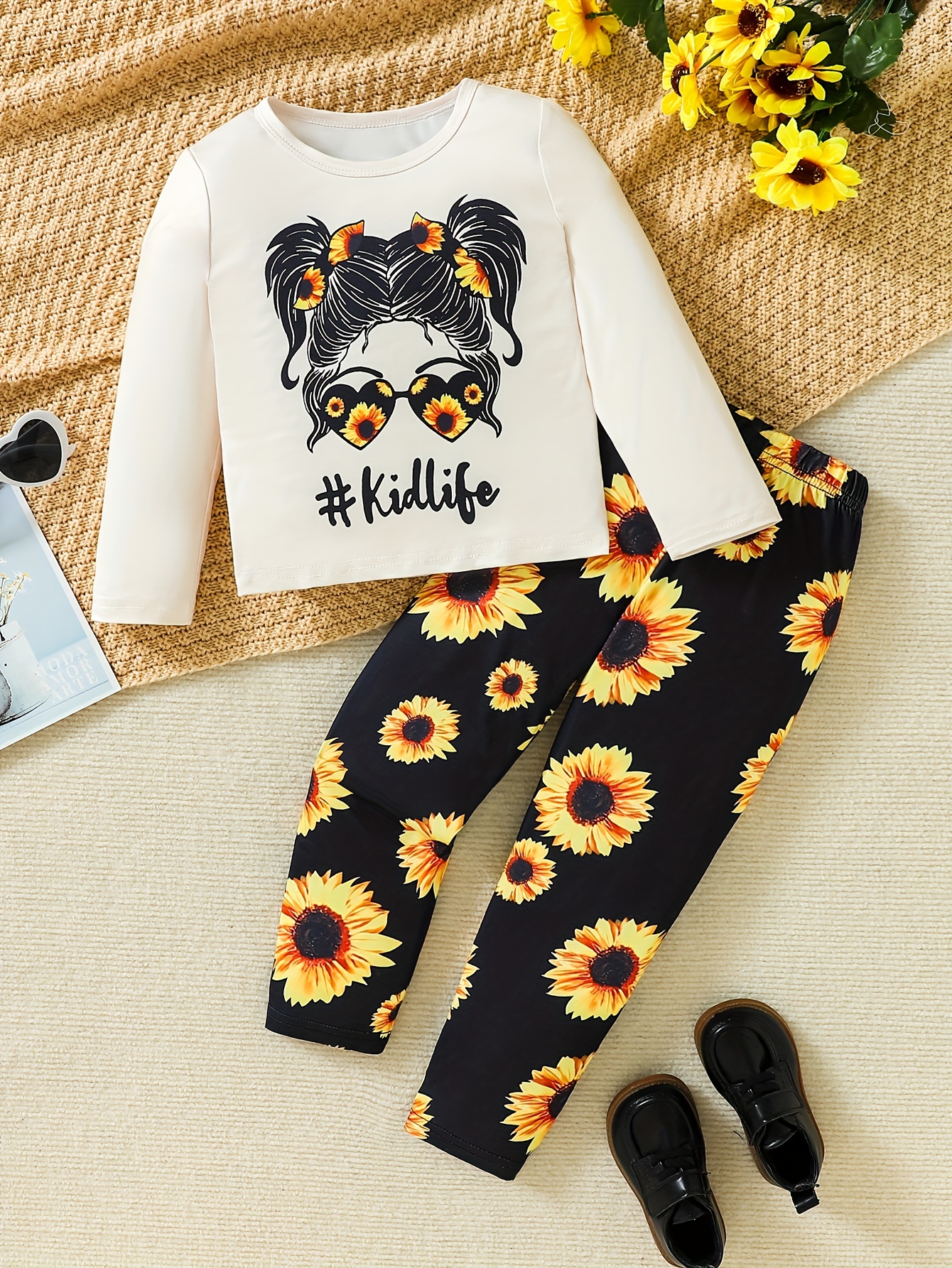 2pcs Anime Girl Pattern Outfit, Long Sleeve Top & Sunflower Allover Print  Pants Set, Toddler Kid's Clothes For Spring Fall