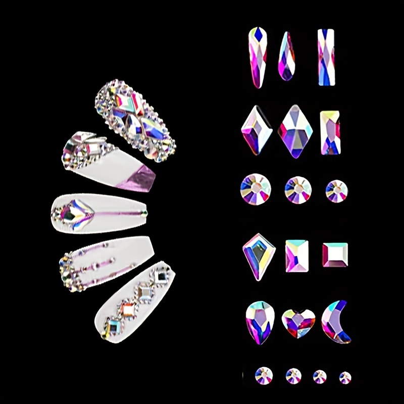 CHARMING MAY 3D Nail Jewels for Nail Art,Aurora Symphony Glass Flat Bottom  Multi Shape Rhinestones Water Ripple Mix Nail Crystal Gems Nail Diamonds