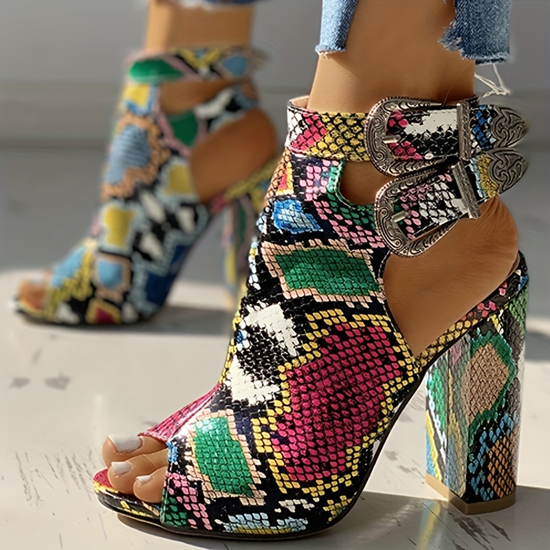 Women's Colorblock Snakeskin Pattern Sandals Peep Toe - Temu