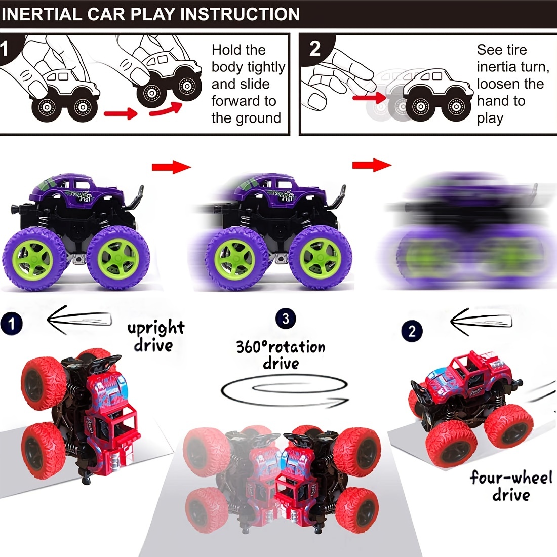 Kidplokio Monster Trucks Red ATV Off Road Friction Toys Trailer Pull Back  Cars