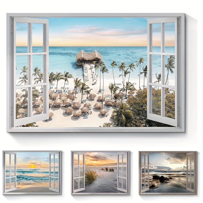 Tableaux sur toile Valise fermée sur la plage tropicale avec des oiseaux