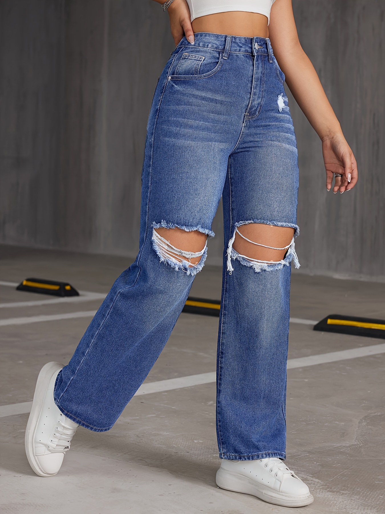 Dark Blue Distressed Straight Jeans Ripped Holes Loose Fit - Temu