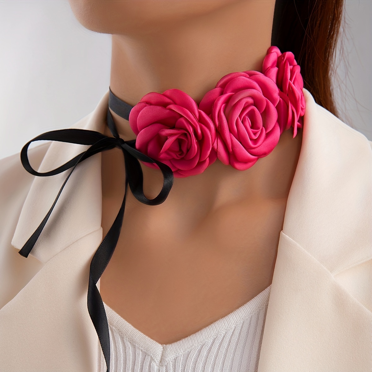

Exquisite Fabric Rose Flower Decor Ribbon Choker Sexy Elegant Style Wedding Banquet Necklace Female Gift