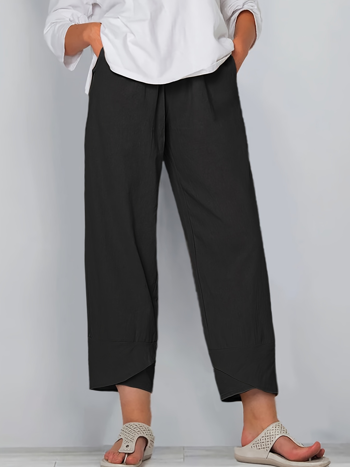 Cotton Linen Pants for Women Low Rise Drawstring Casual Loose Fit Wide Leg  Long Pants Solid Color Summer Comfy Trousers 