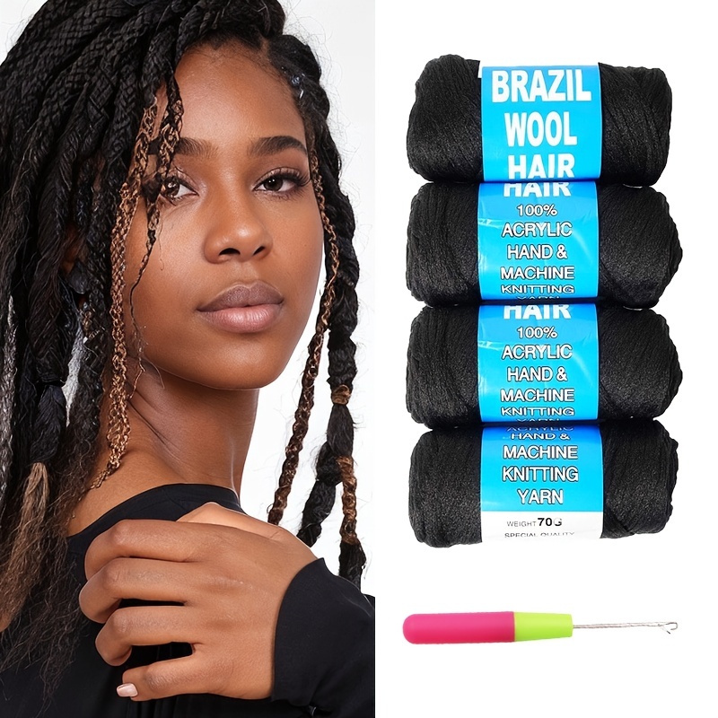4Pcs White Brazilian Wool Hair For Braids Acrylic Hand Knitting Yarn For  Hair Braiding Hair Extension Faux Locs African Crochet Braid(#White)