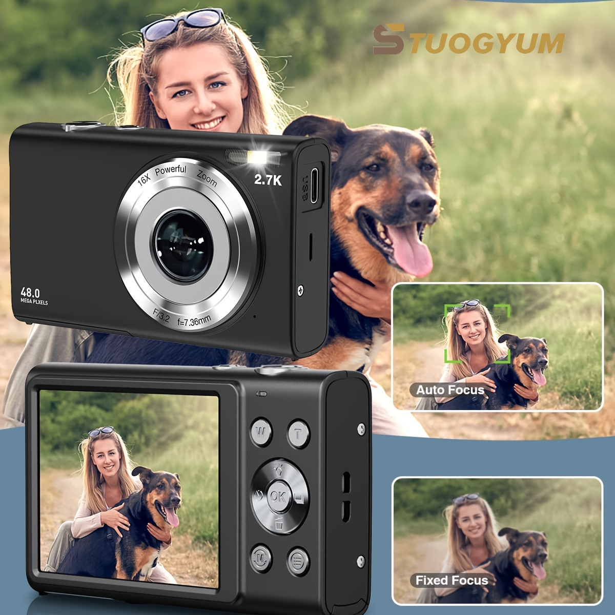 Cámara digital de enfoque automático 2.7K 48MP Cámara digital de apuntar y  disparar con tarjeta de memoria de 32 GB, zoom de 16X, cámara de vlogging
