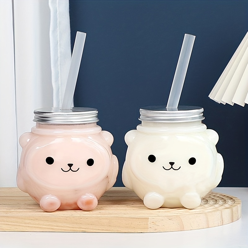 Water Bottle Cartoon Bear Cute Water Bottles Milk Juice Coffee Glass Water  Bottle With Straw, Portab