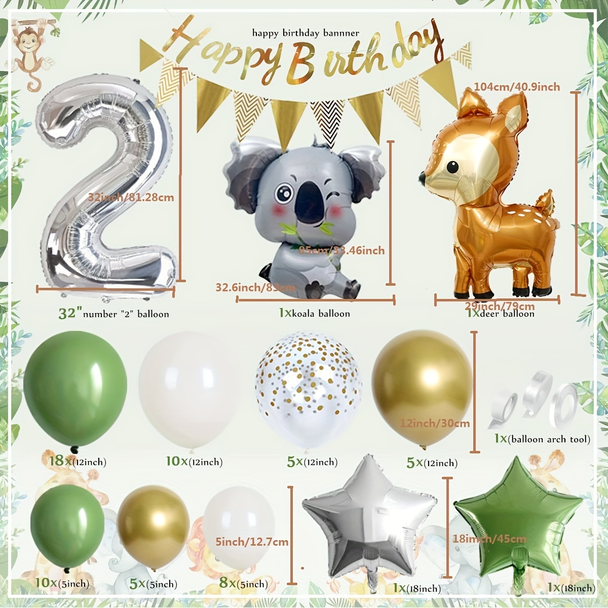 Set, decoración de cumpleaños de 2 años, decoración de segundo cumpleaños,  decoración de cumpleaños de 2 años, safari con globo verde salvia, decoraci
