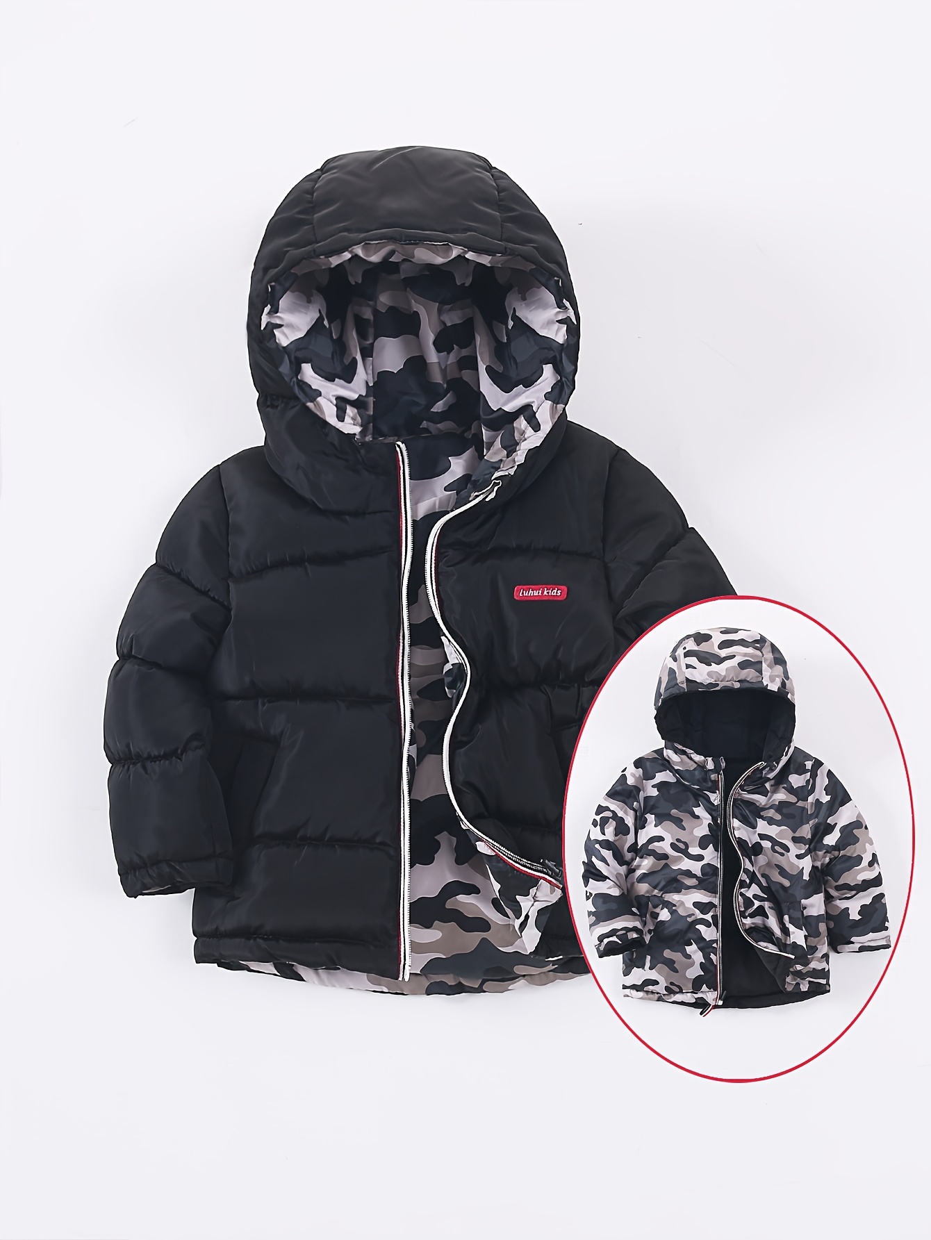 Reversible hooded sales camo puffer jacket