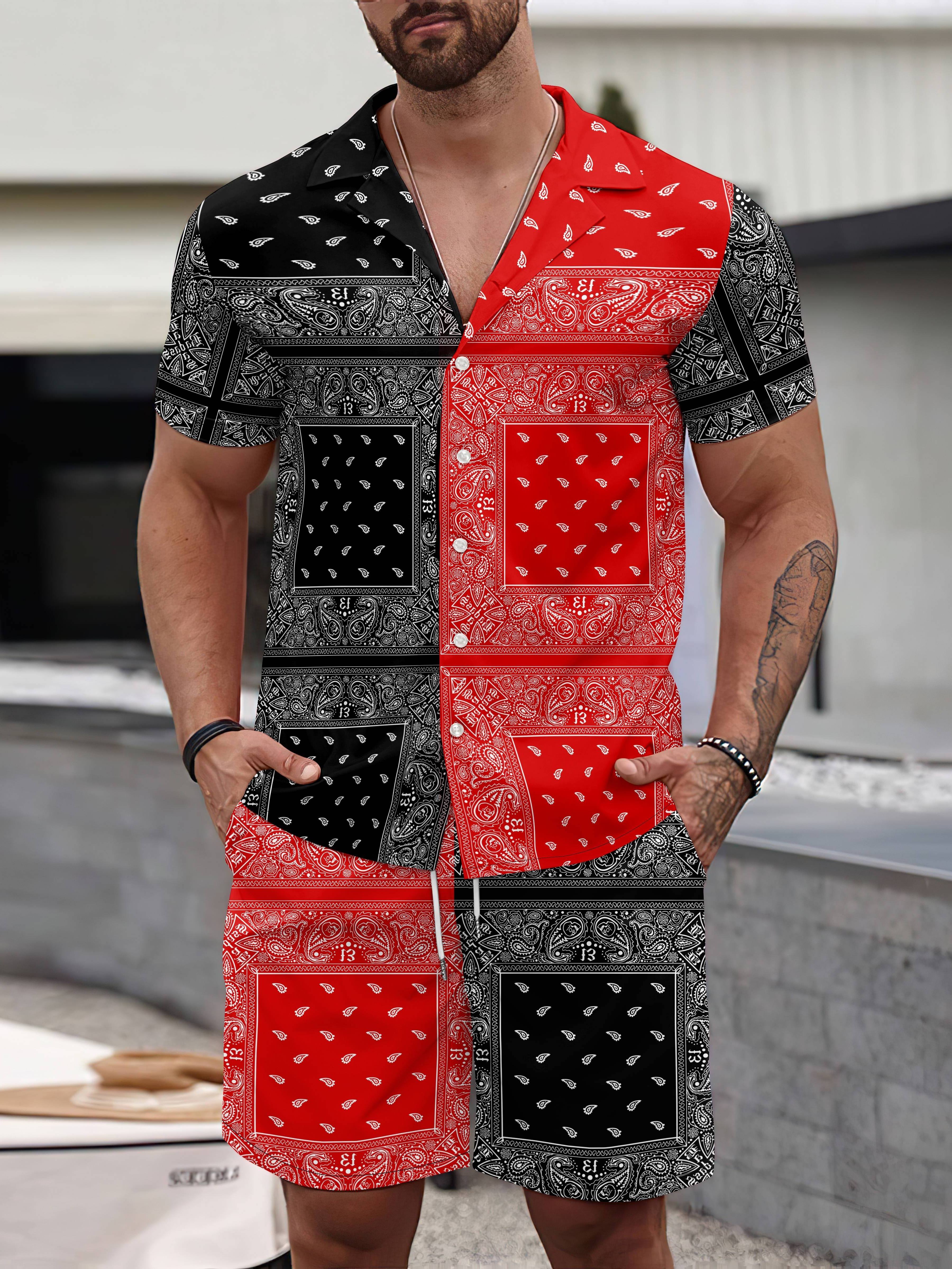 Retro Bandana Print Men's Outfits, Casual Lapel Button Up Short Sleeve Shirt  And Drawstring Shorts Set For Summer, Men's Clothing For Daily Leisure  Vacation Resorts - Temu
