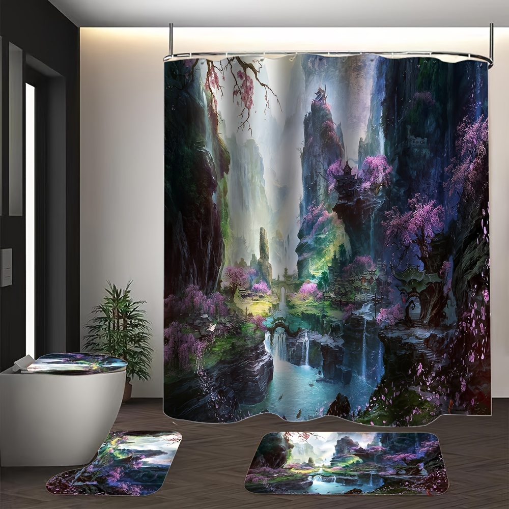 4pcs Landscape Print Shower Curtain Set, Bathroom Rug, U-Shape Mat, Toilet  Lid Pad, Waterproof Curtain Including 12 Hooks, 70.8x70.8/180x180cm, Aesth