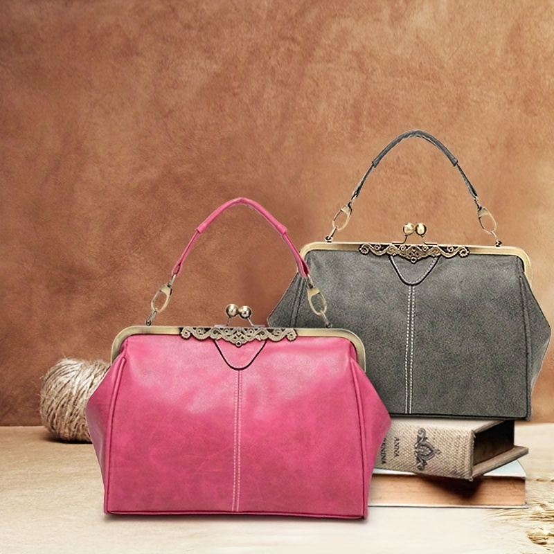 Vintage Handbags For Women, Fashion Kiss Lock Slip Purse, Stitching Texture  Crossbody Bag